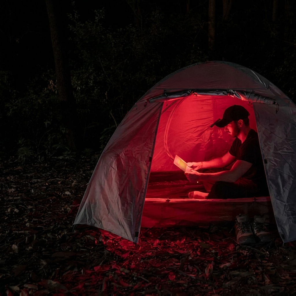 Red-lit camping scene showing the kind of outdoor use where the Olight ArkPro Lite makes sense