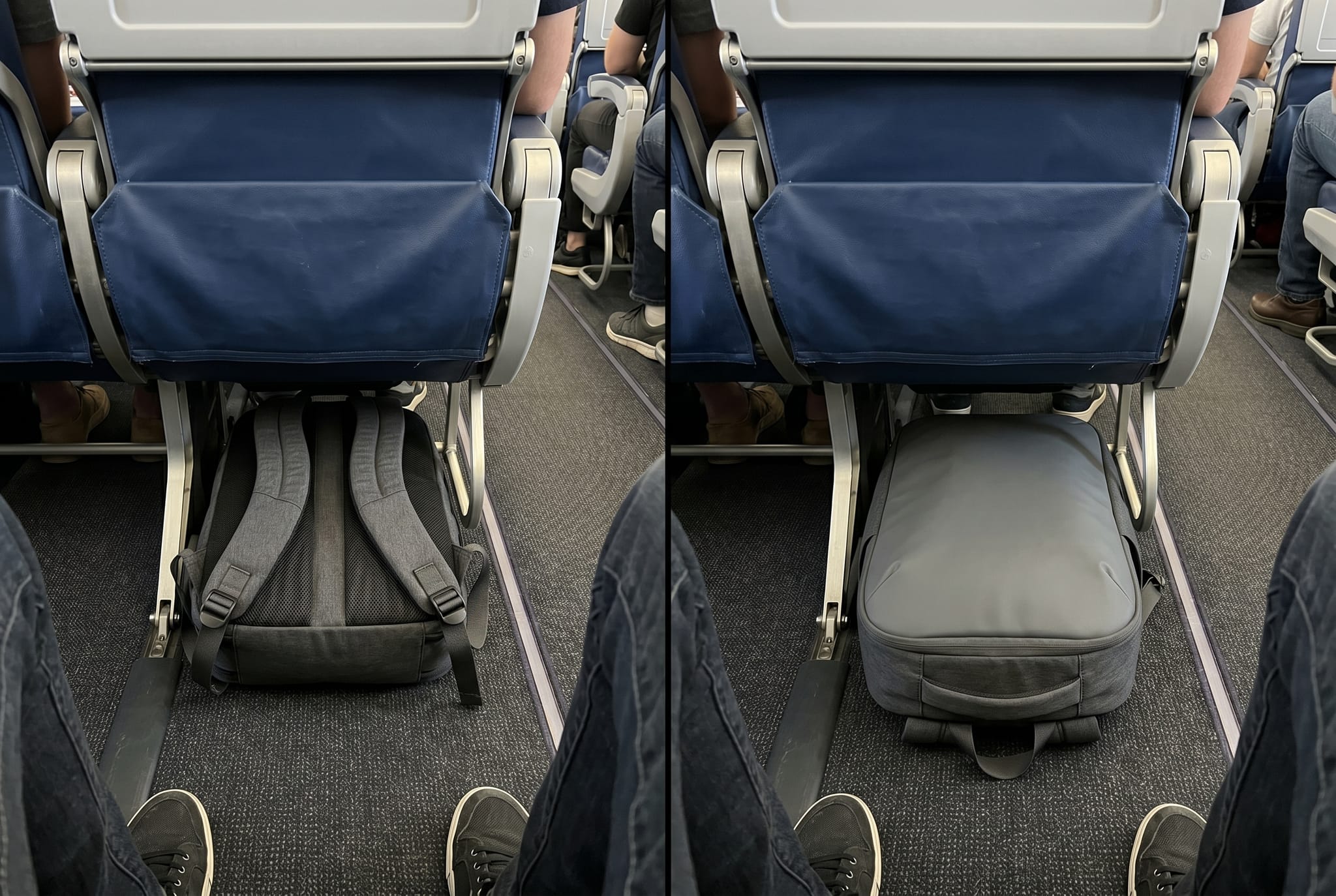 Comparison of a backpack under an airplane seat with straps up versus straps down