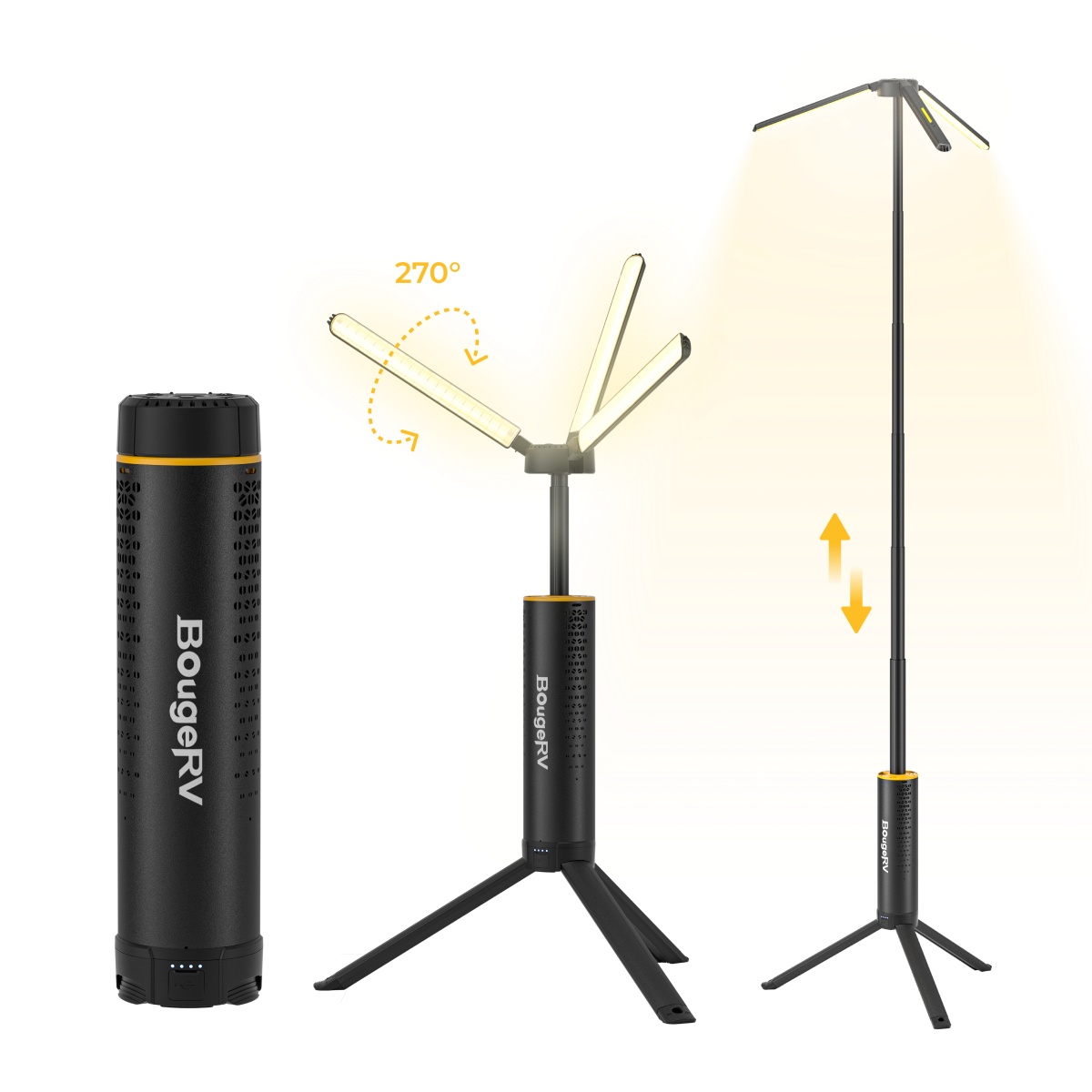 BougeRV T1 telescoping camping light in packed, tabletop, and fully extended positions