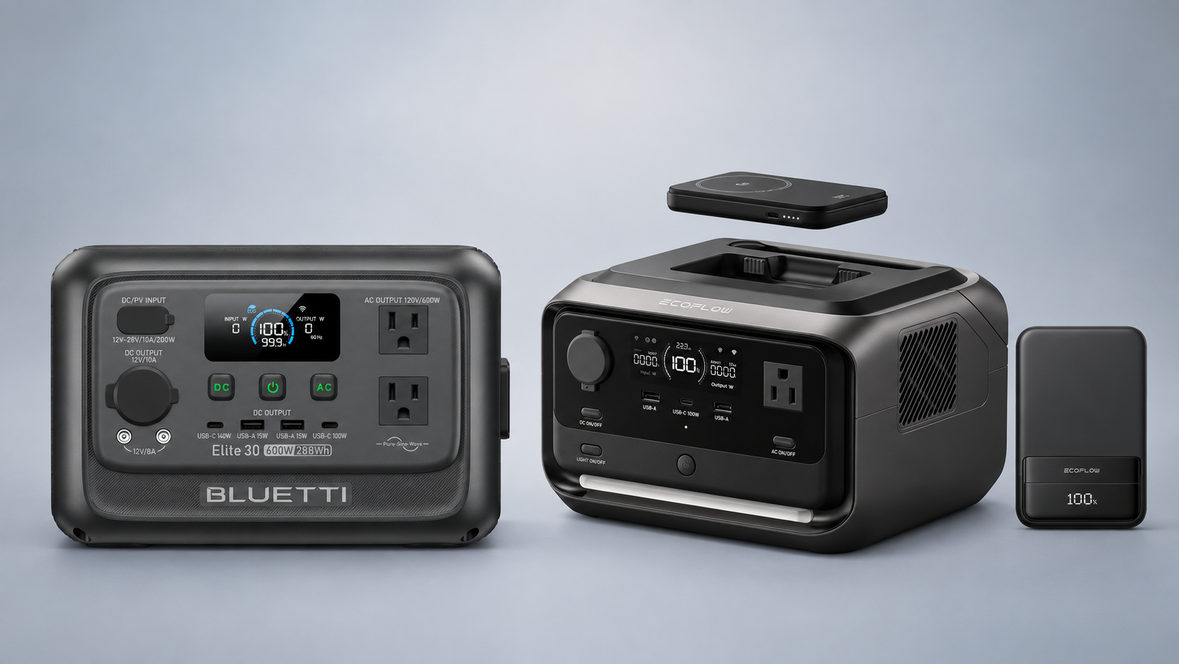 BLUETTI Elite 30 V2 beside the EcoFlow RIVER 3 Plus Wireless and two magnetic power banks