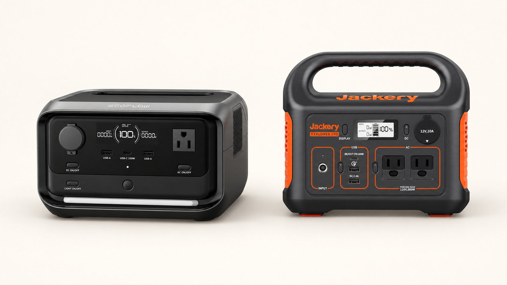 EcoFlow RIVER 3 Plus beside the Jackery Explorer 300 portable power station