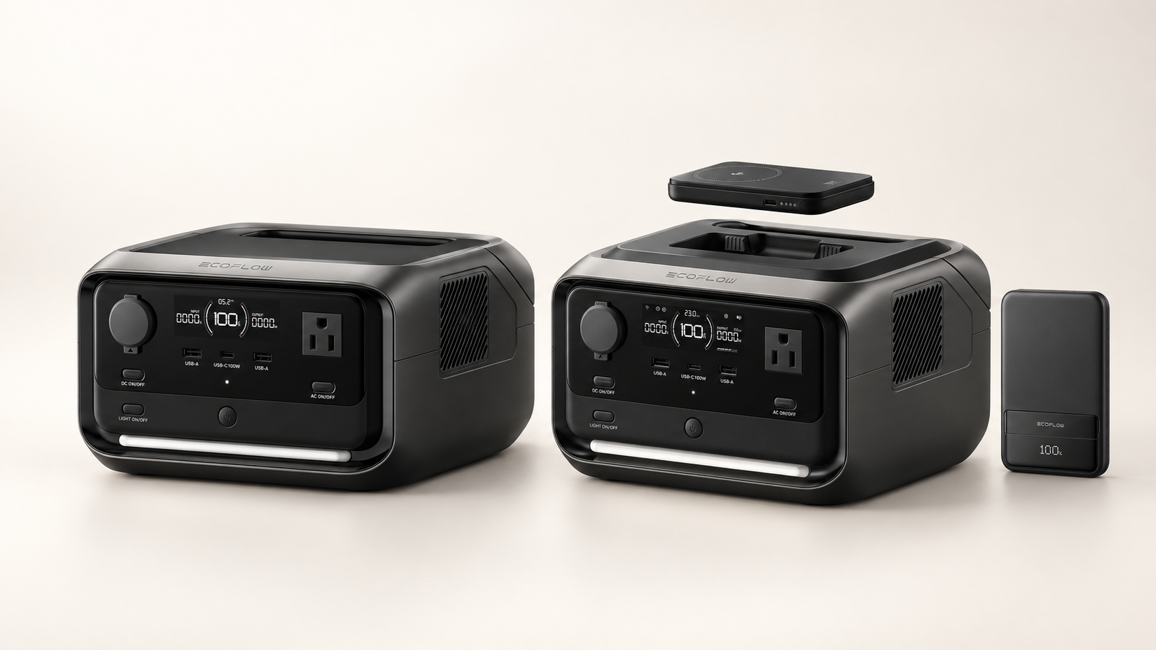EcoFlow RIVER 3 Plus beside the RIVER 3 Plus Wireless and two RAPID magnetic power banks