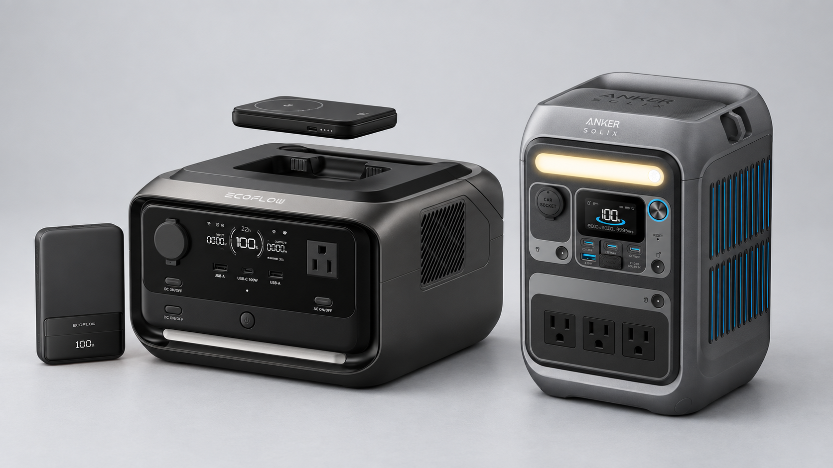 EcoFlow RIVER 3 Plus Wireless Boost Combo beside the Anker SOLIX C300 AC portable power station