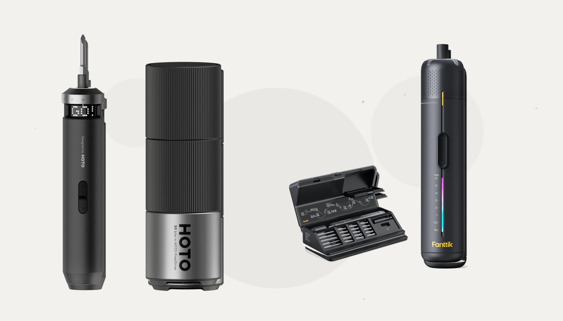 Real product photos of the HOTO PixelDrive and Fanttik S2 Pro electric screwdrivers