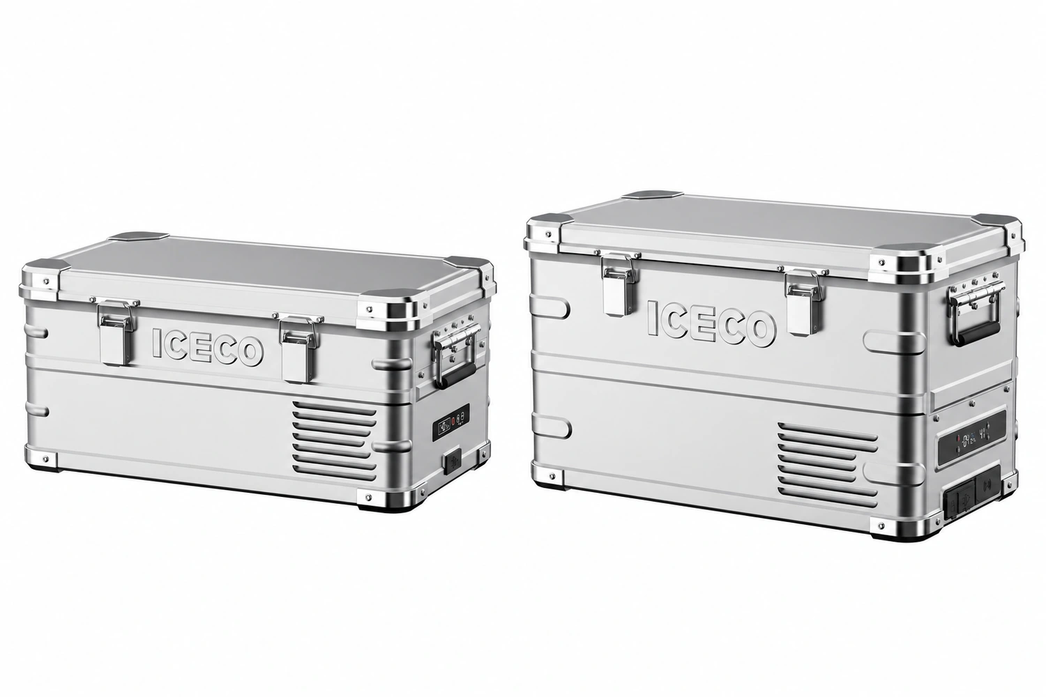 Silver ICECO APL20 camping fridge on the left beside the taller silver APL35 on the right