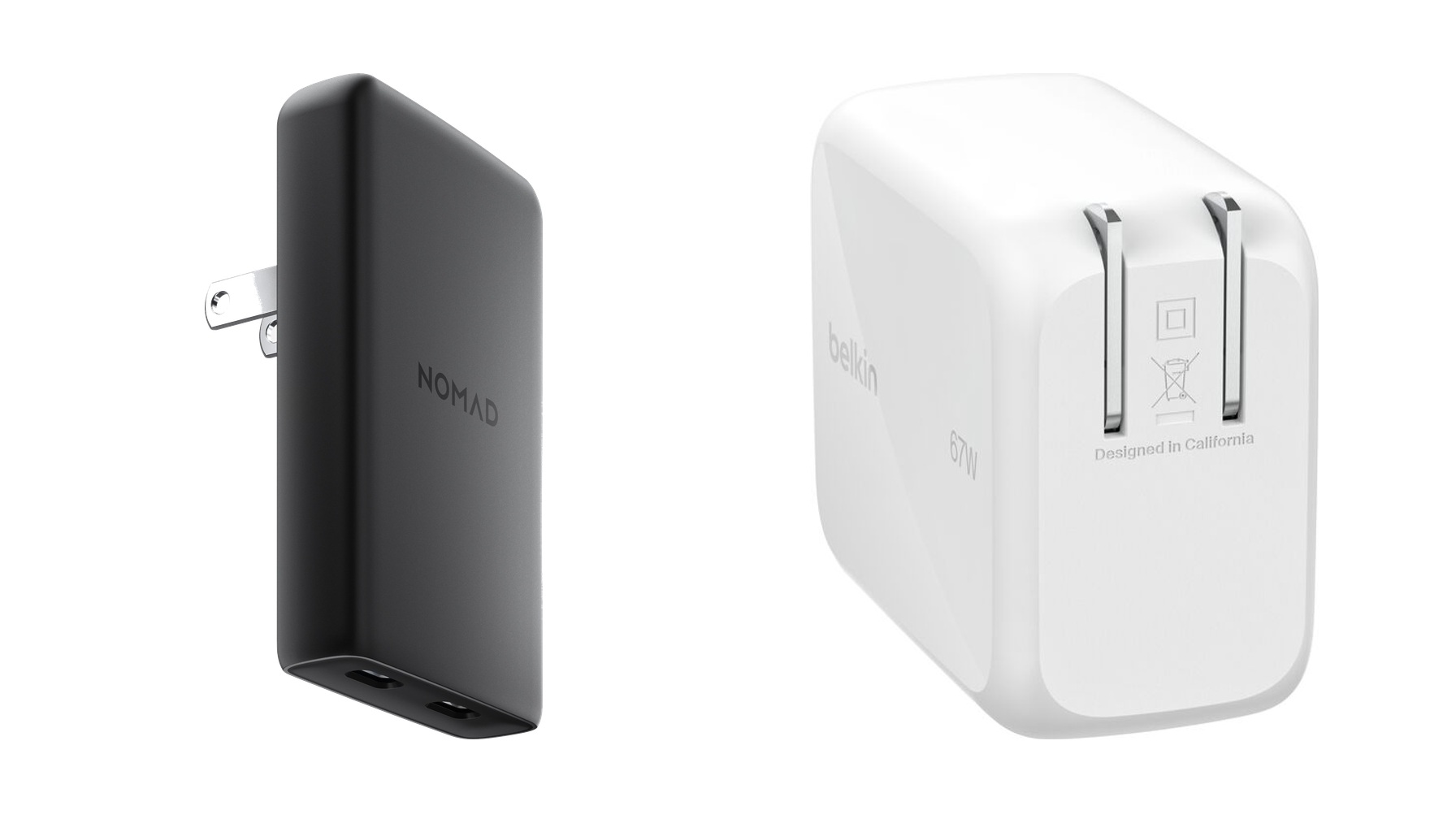 Nomad 65W Slim Adapter beside the Belkin 67W Retractable Wall Charger
