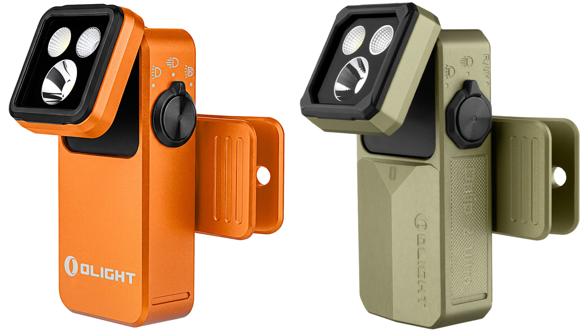 Orange Olight Oclip 2 Pro beside green Olight Oclip 2 Ultra