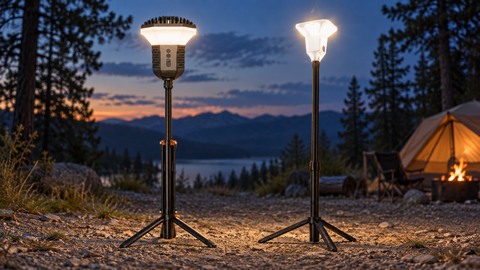 WOLFBOX TL2000 and Devos LightRanger 2000 telescoping camp lights at a campsite