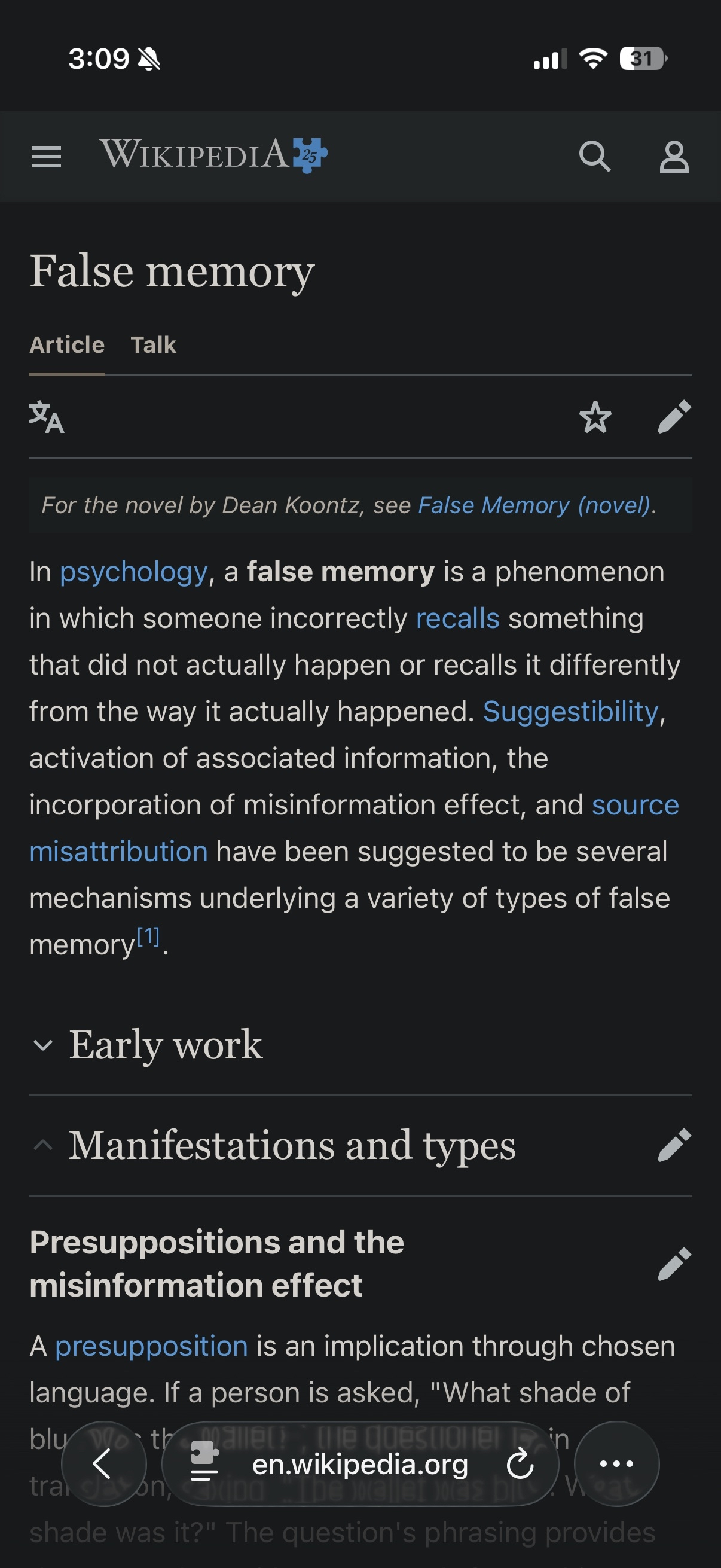 Wikipedia in Safari with Dark Reader enabled, showing a dark version of the False memory article