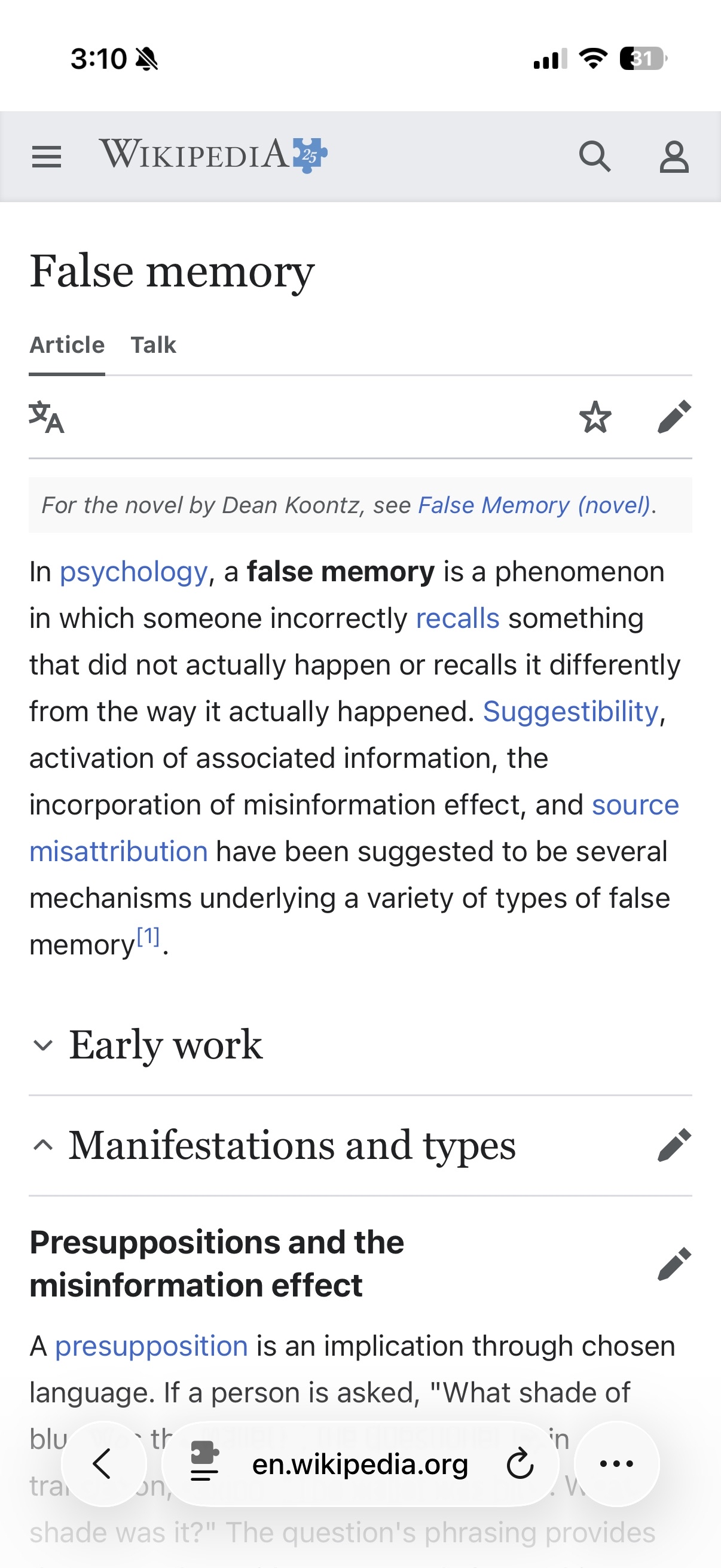 Wikipedia in Safari without Dark Reader, showing a bright white version of the False memory article
