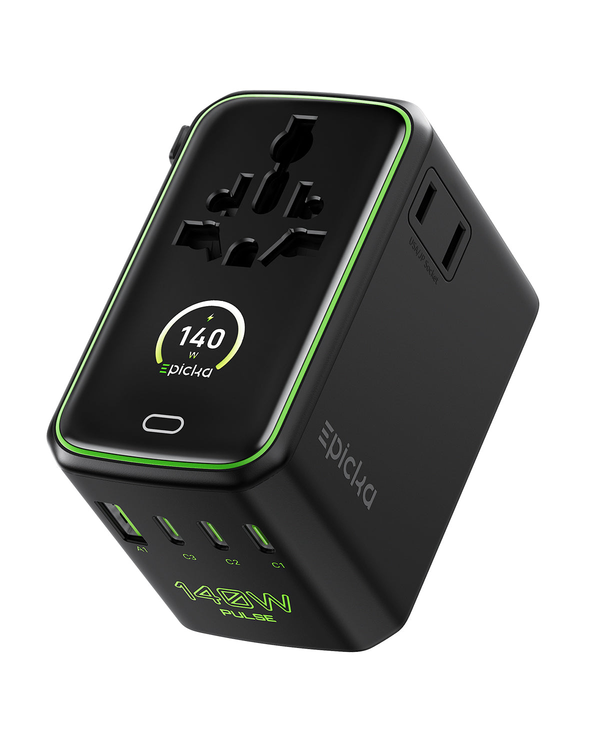 Black EPICKA Pulse Duo 140W universal travel adapter with color display
