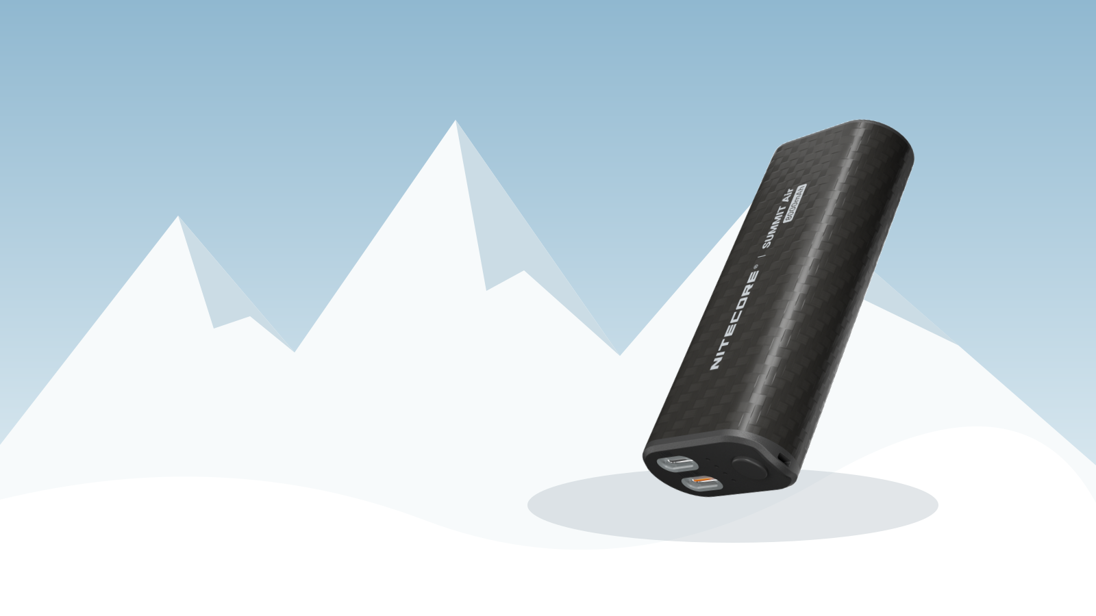 Nitecore SUMMIT Air cold-resistant power bank against a snowy mountain background