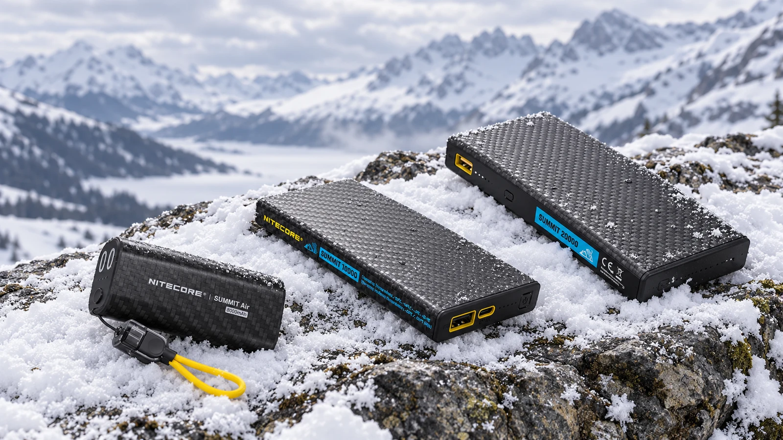 Nitecore SUMMIT Air, SUMMIT 10000, and SUMMIT 20000 power banks on a snowy mountain