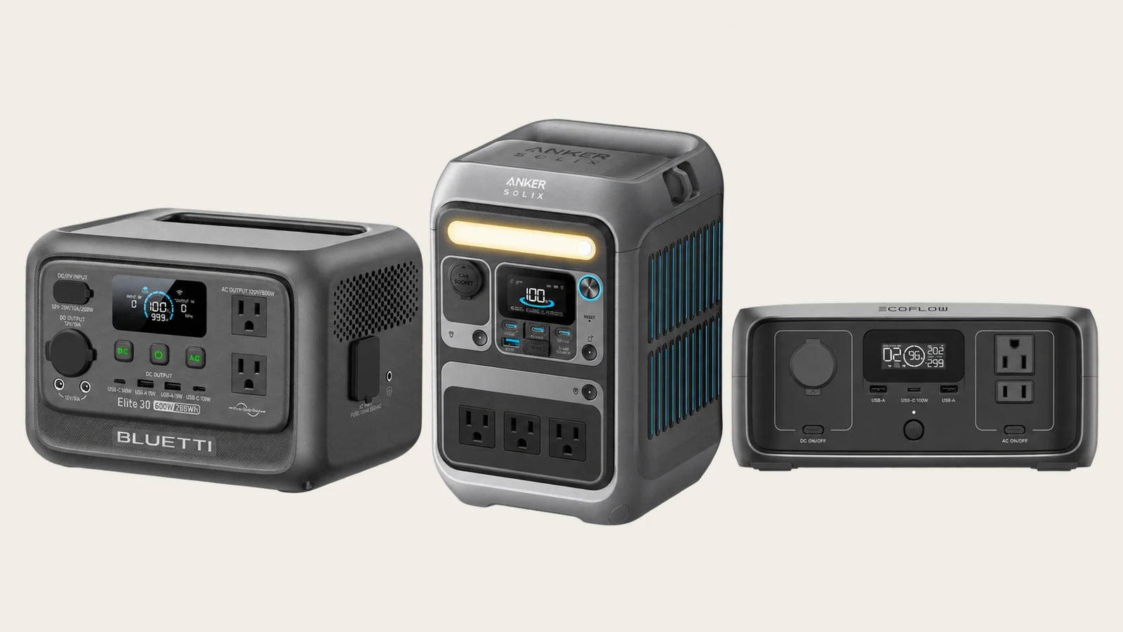BLUETTI Elite 30 V2, Anker SOLIX C300 AC, and EcoFlow RIVER 3 compact portable power stations