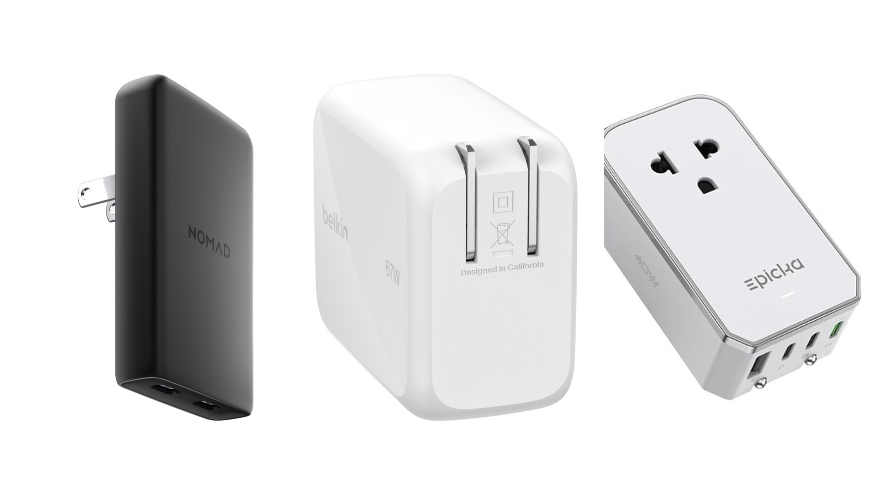 Nomad, Belkin, Anker, and EPICKA compact USB-C travel chargers