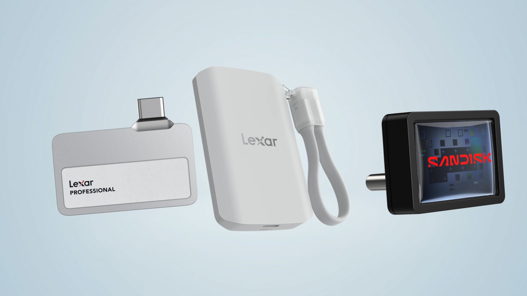 Lexar Professional Go, Lexar ES5, and SanDisk Extreme portable USB-C storage