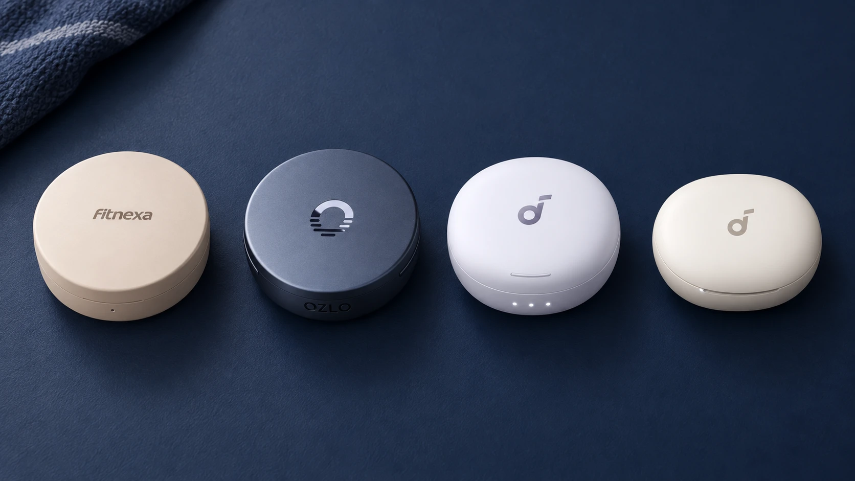 Fitnexa, Ozlo, and Soundcore sleep earbuds arranged for travel