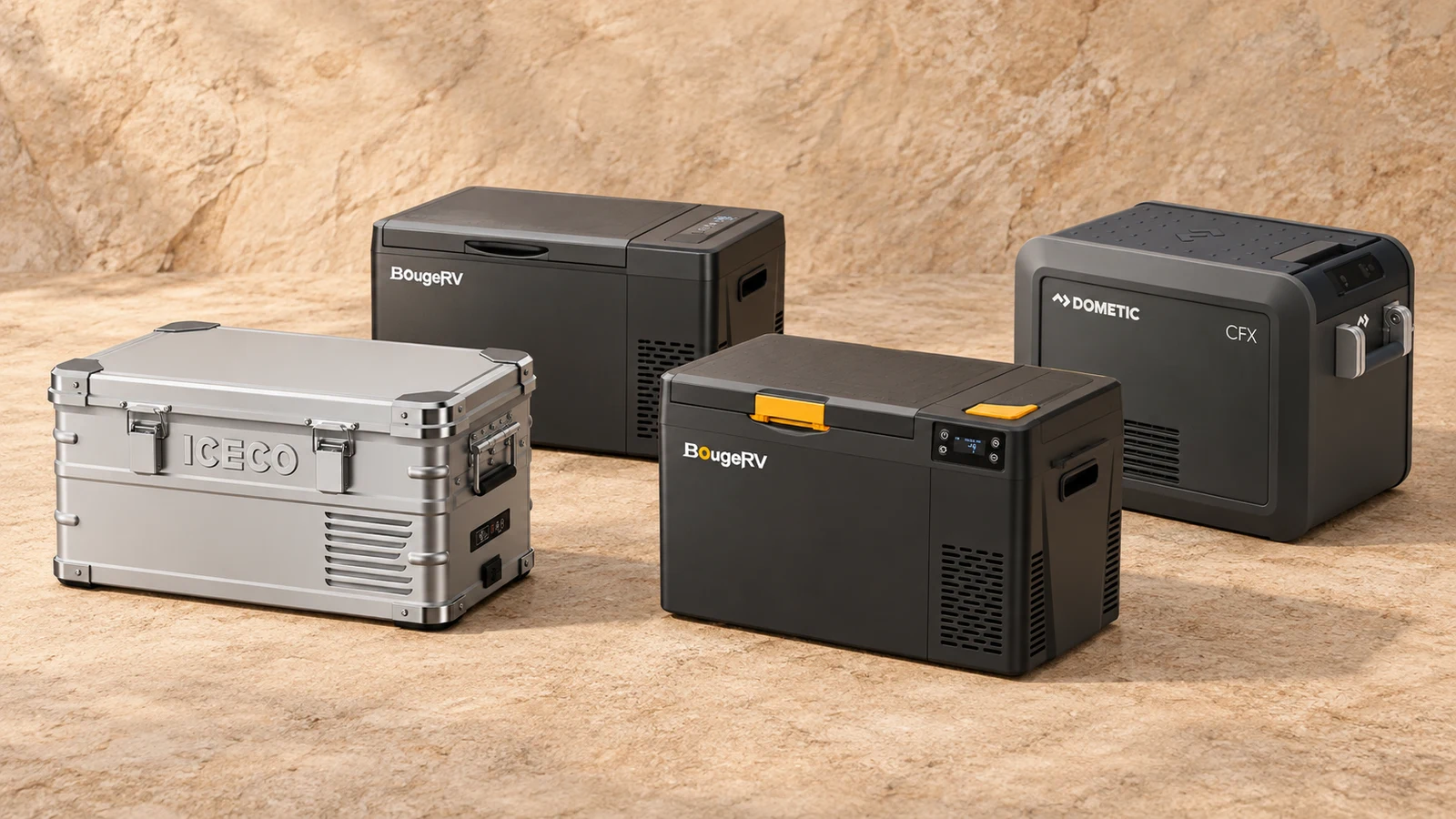 ICECO APL20, BougeRV CR 23QT, BougeRV CRX3 23QT, and Dometic CFX5 25 portable fridges