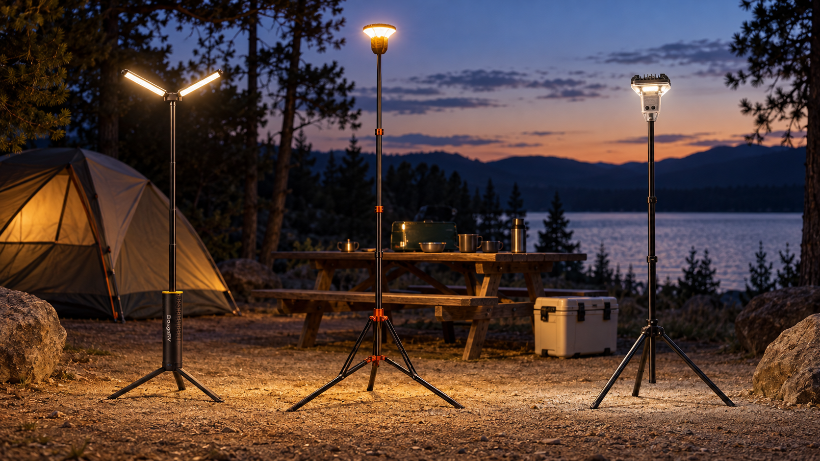 BougeRV T1, WOLFBOX TL2000, and Devos LightRanger 2000 telescoping camping lights at a campsite
