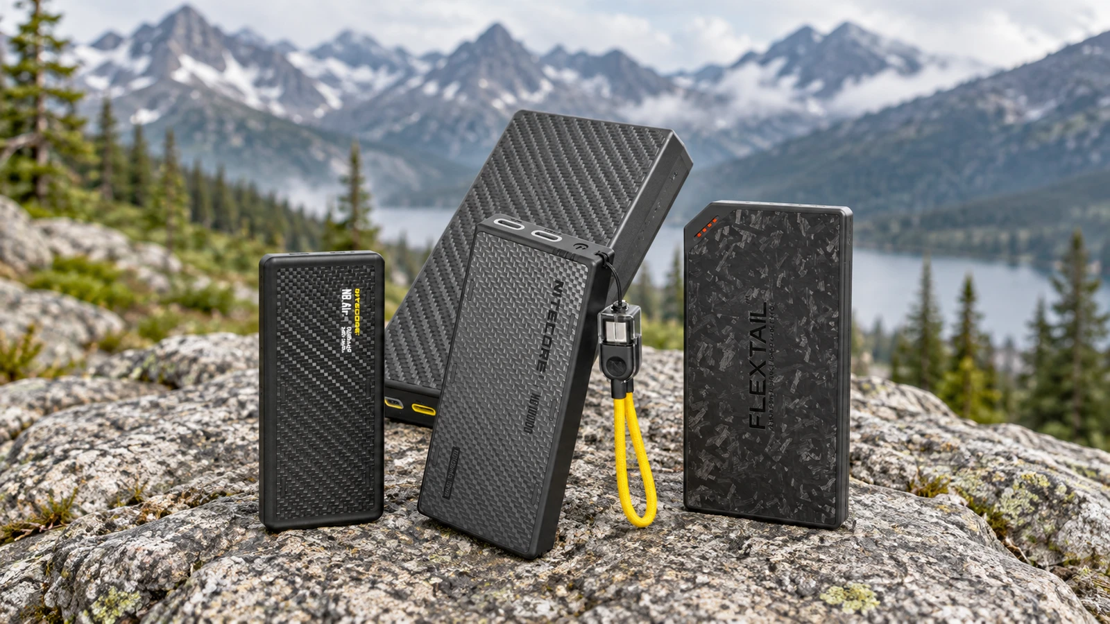 Nitecore NB Air, NB10000 Gen4, NB20000 Gen3, and FLEXTAIL ZERO POWER 10,000C on a mountain trail