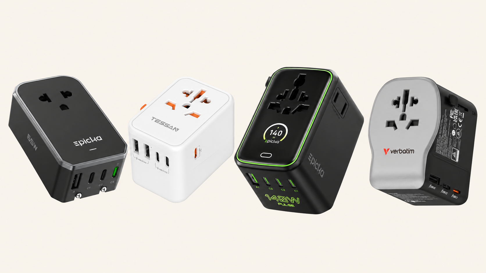 EPICKA Air 65W, TESSAN 65W, EPICKA Pulse Duo 140W, and Verbatim 32358 universal travel adapters