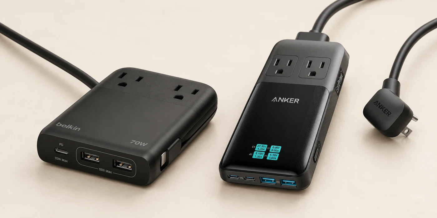 Belkin SRZ002 70W and Anker Prime A9128 140W USB-C travel power strips