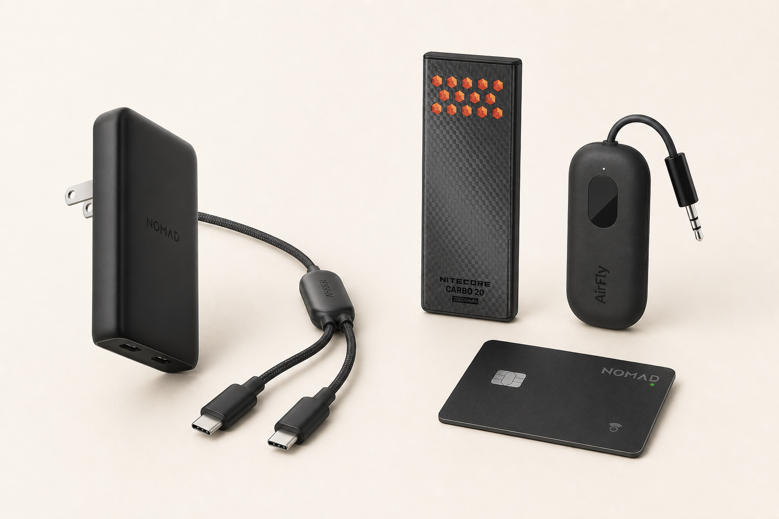 Nomad charger and tracking card, Anker split cable, Nitecore power bank, and AirFly arranged as a tiny travel tech kit