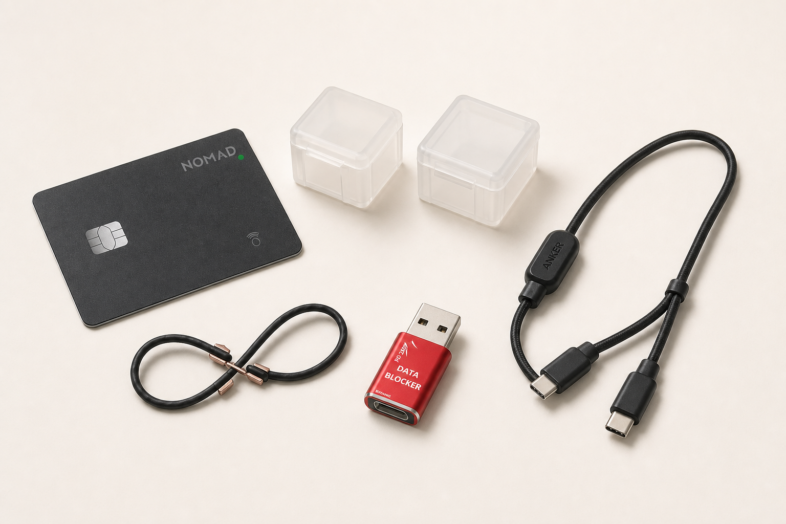 Nomad Tracking Card, Muji pill cases, Modl Infinity Tool, Anker split cable, and USB data blocker