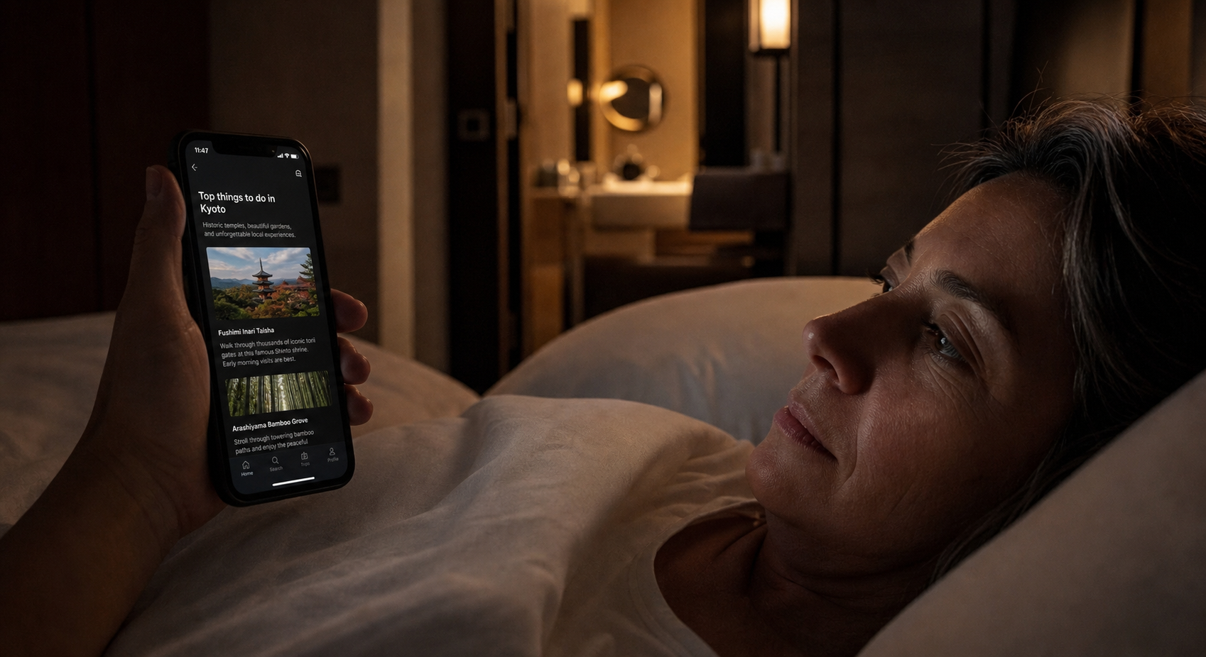 A traveler reading a dark-mode website on an iPhone while lying in bed in a dark hotel room
