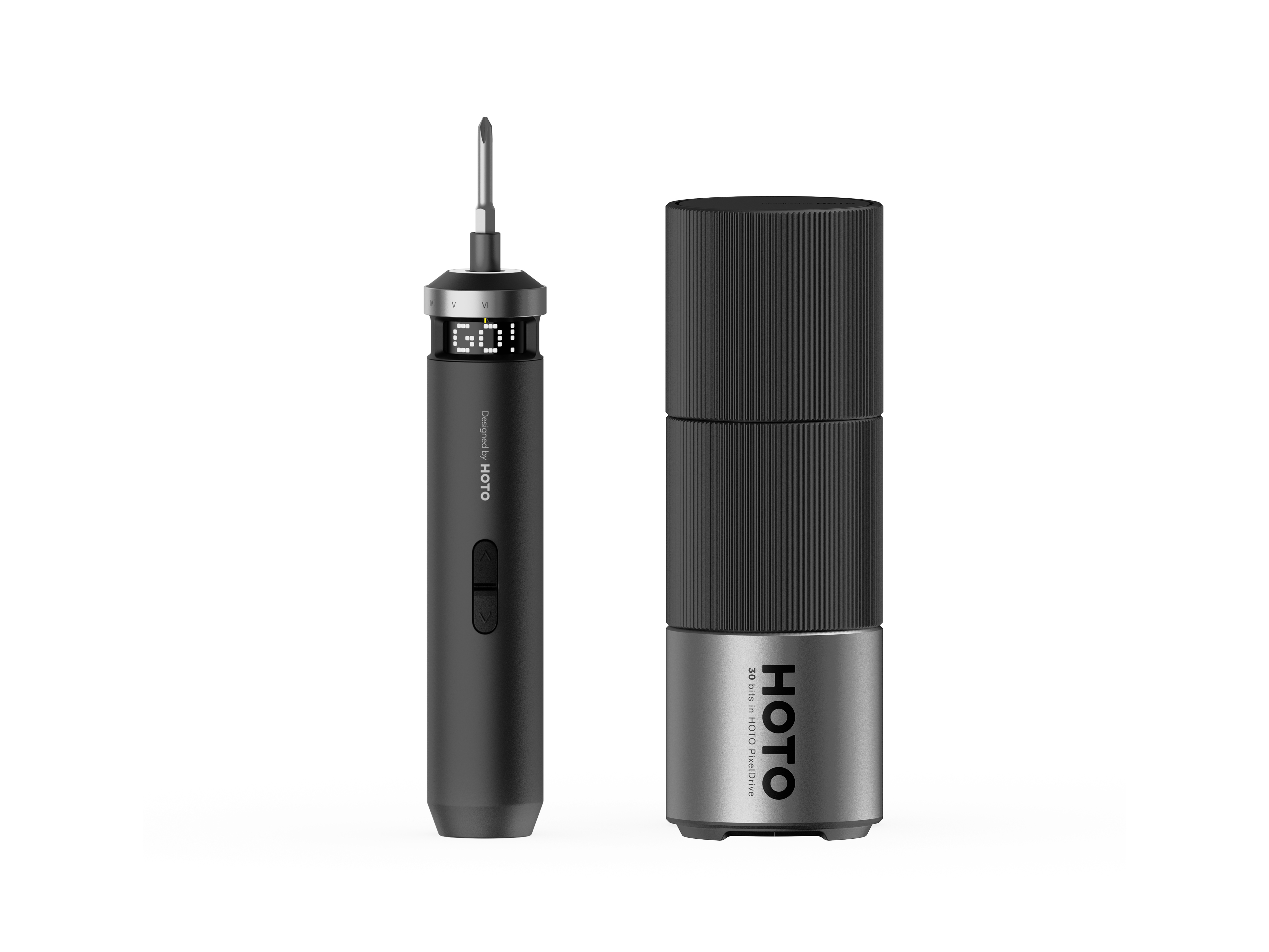 The HOTO PixelDrive cordless screwdriver next to its storage case