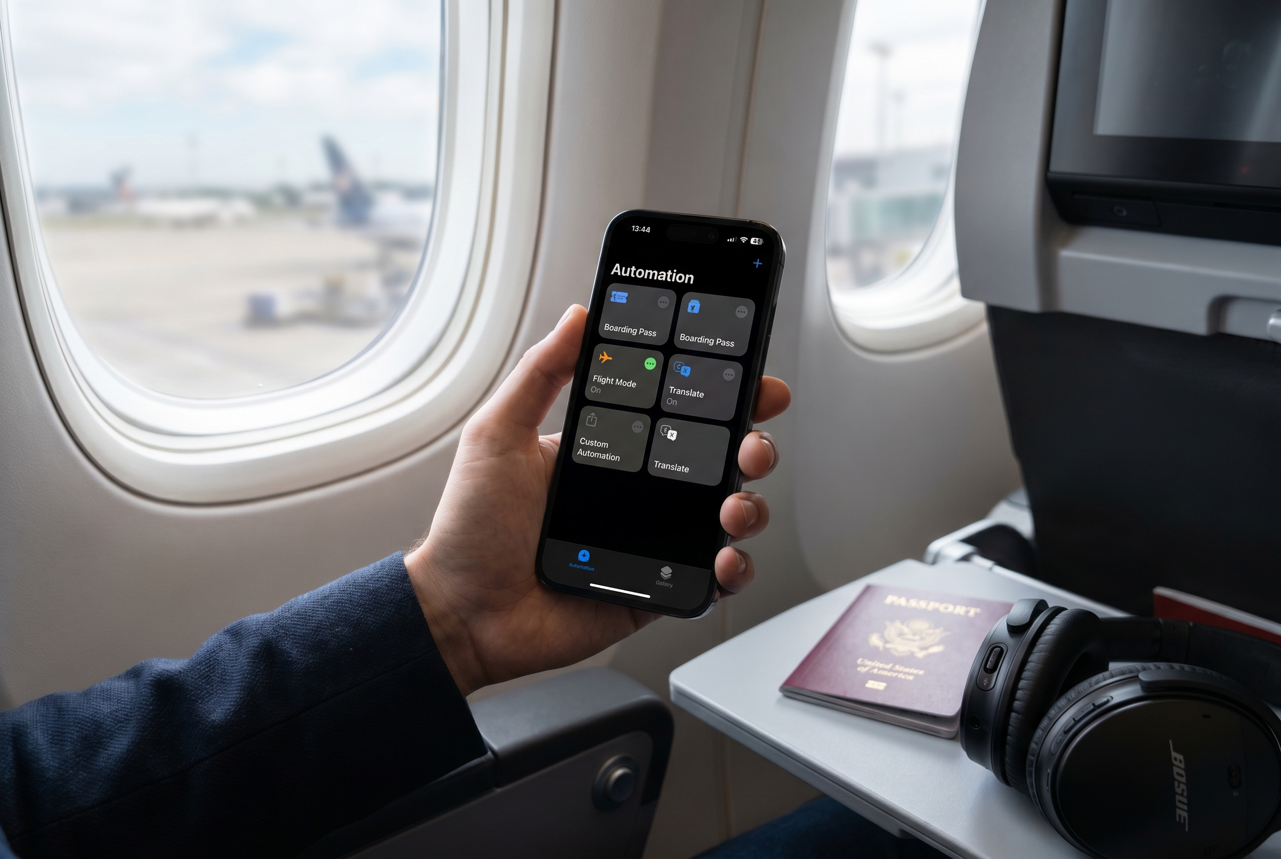 iPhone showing a shortcuts-style automation screen in a travel setting
