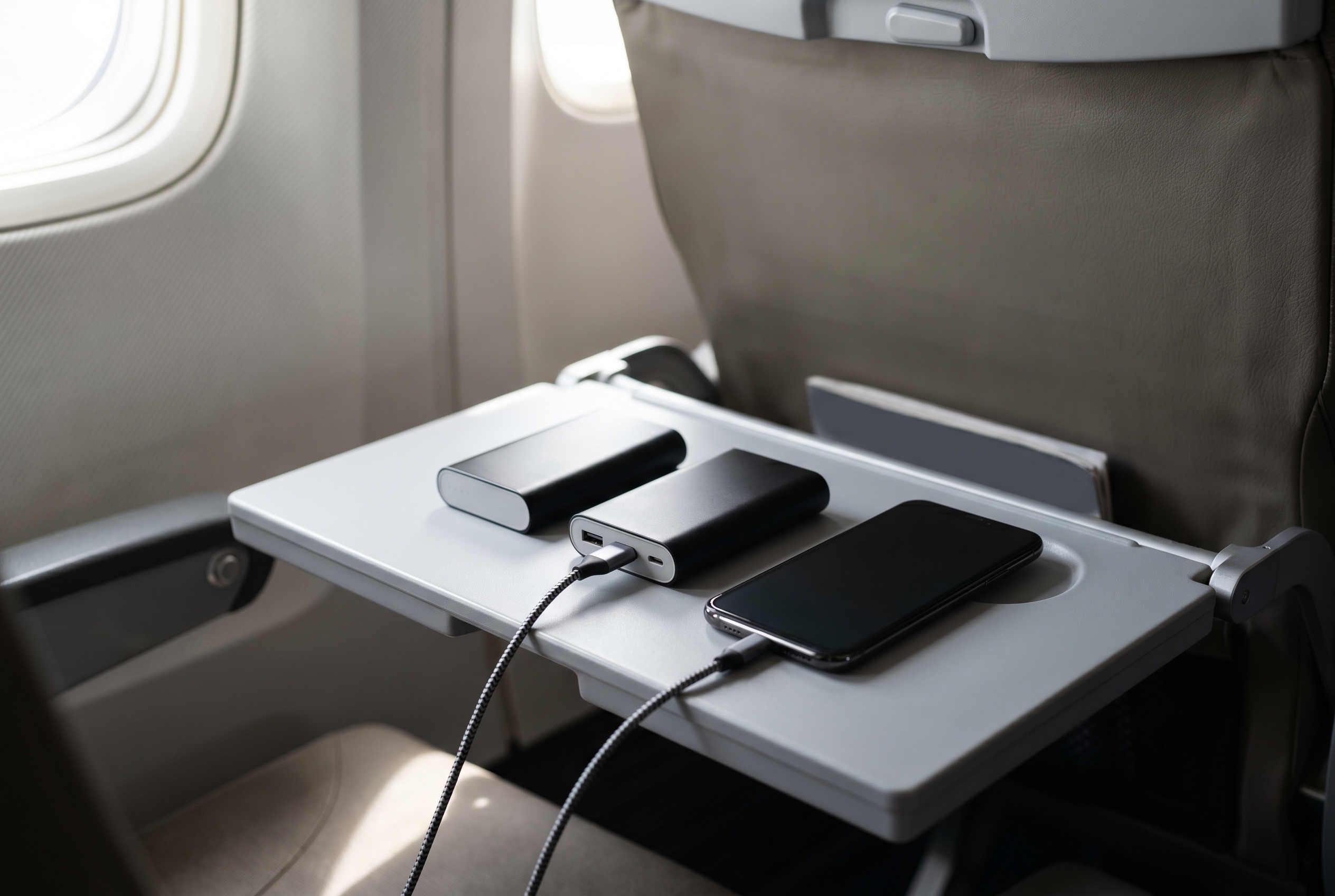 Power banks and phone on an airplane tray table
