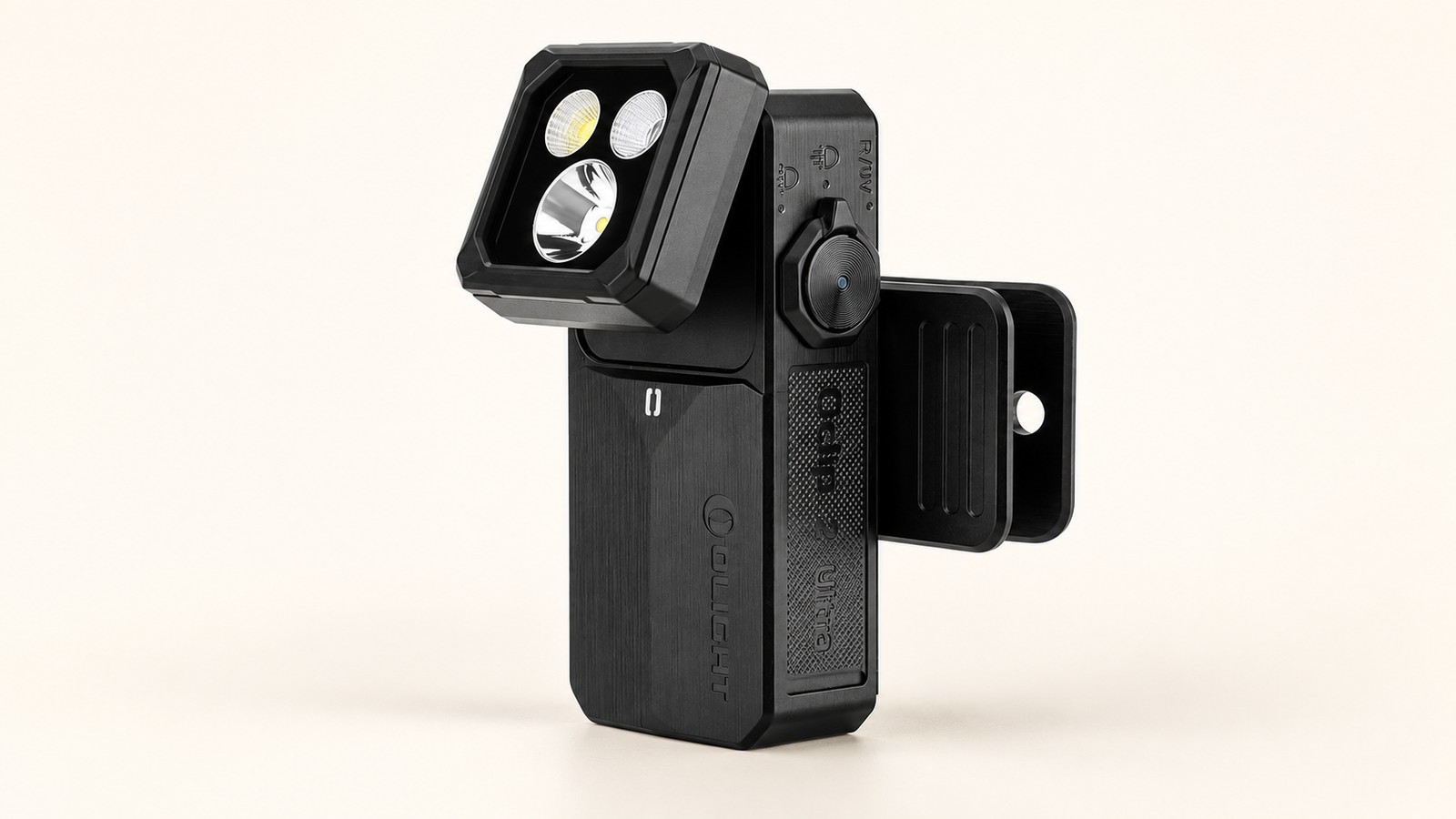 Black Olight Oclip 2 Ultra clip-on flashlight with its head tilted and clip open