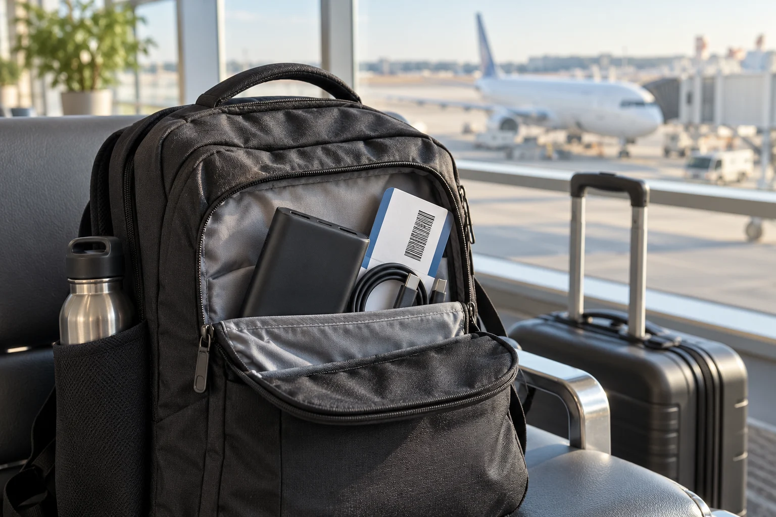Unbranded power bank packed in the front pocket of a carry-on backpack at an airport