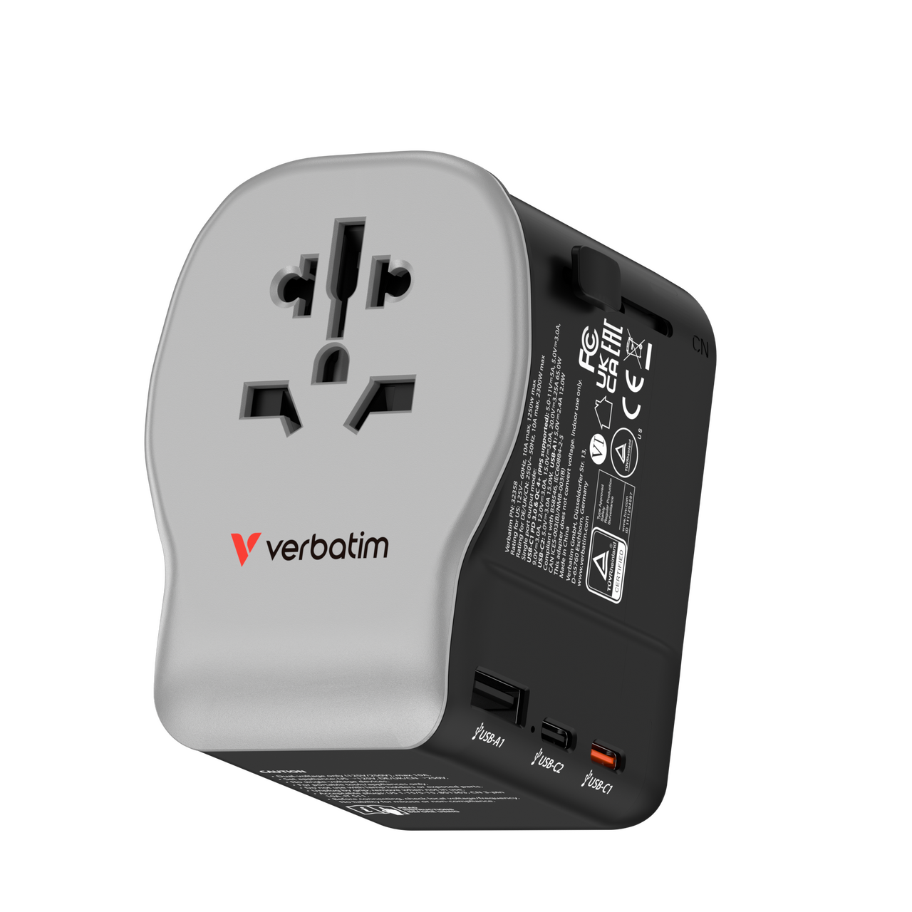 Verbatim 32358 silver and black grounded 65W universal travel adapter