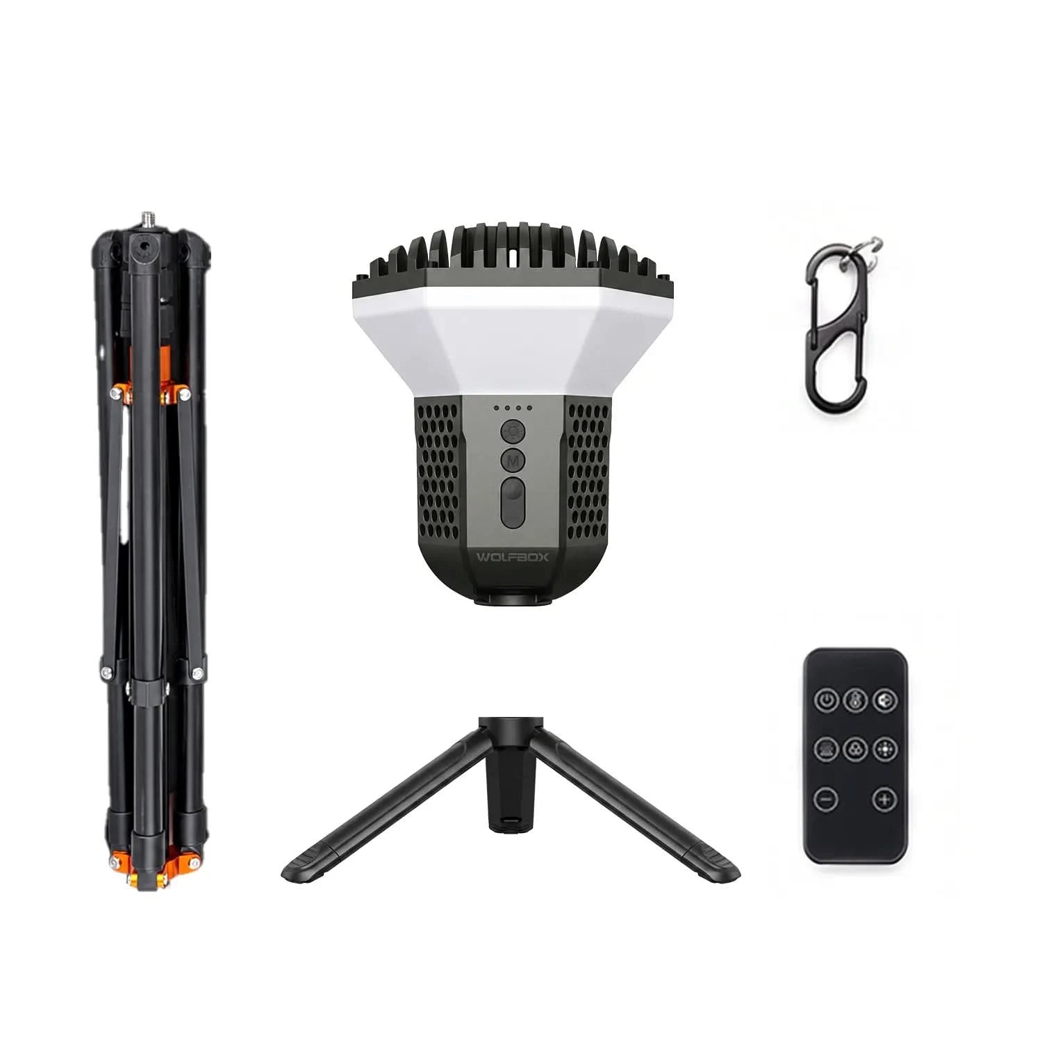 WOLFBOX TL2000 light head, folding tripod, hook, and remote control